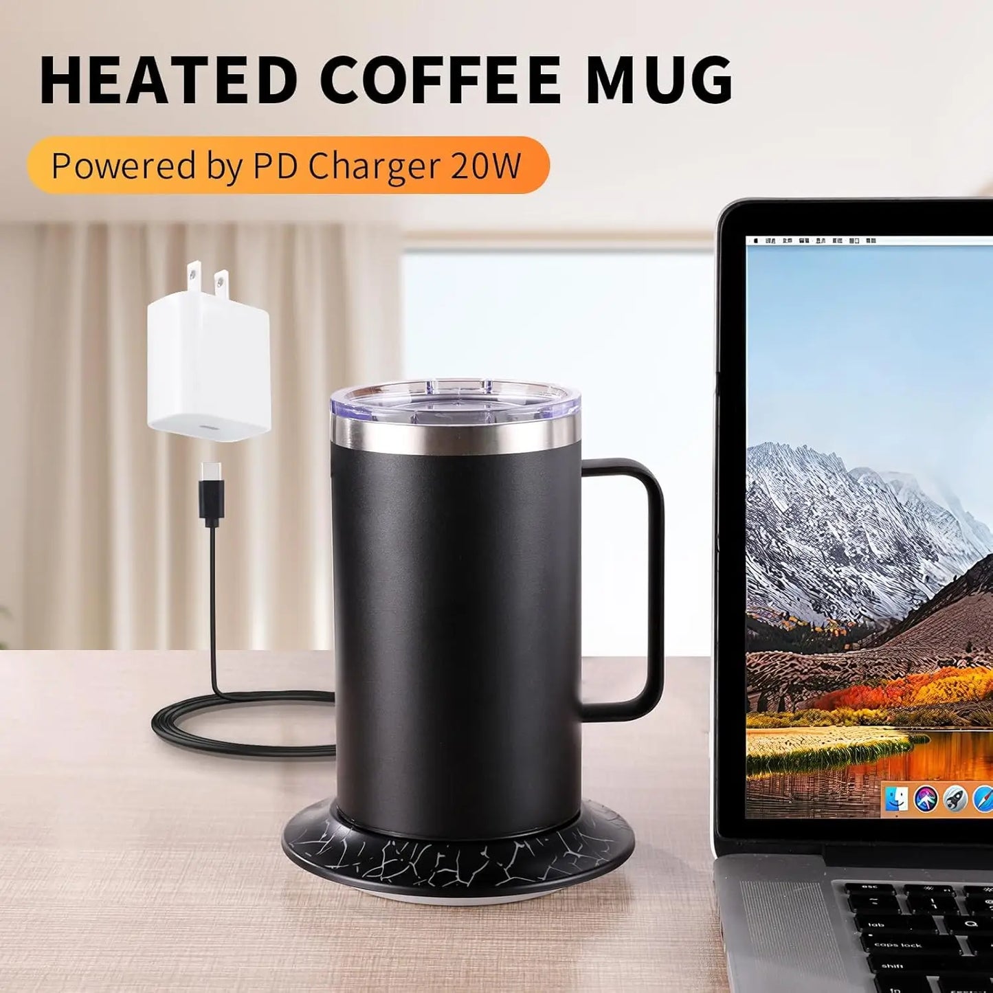 Heated Coffee Mug with Lid and Glow Warmer, 17oz, with PD Charger and USB Cable - Auto Shut Off
