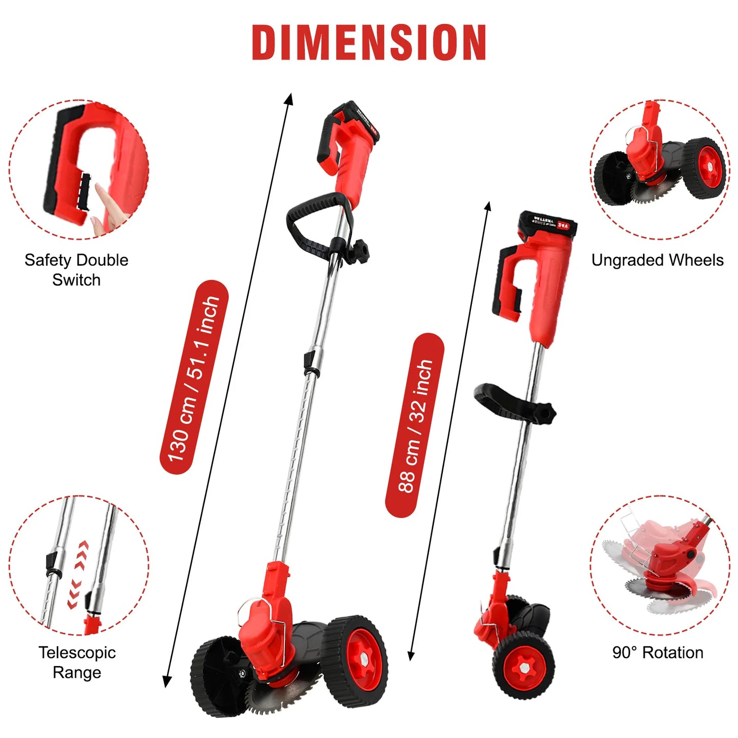 21V Cordless Grass Trimmer, 3-in-1 Brush with Wheels, 24V Lithium-ion battery
