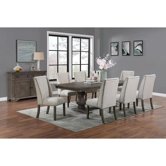 Traditional 9-Piece Dining Set w/ Leaf, 8 Side Chairs, Pedestal Base, Oak Finish
