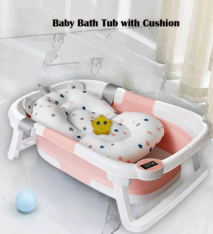 Foldable Baby Bath Tub with Bath Cushion, Thermometer Newborn to Toddler