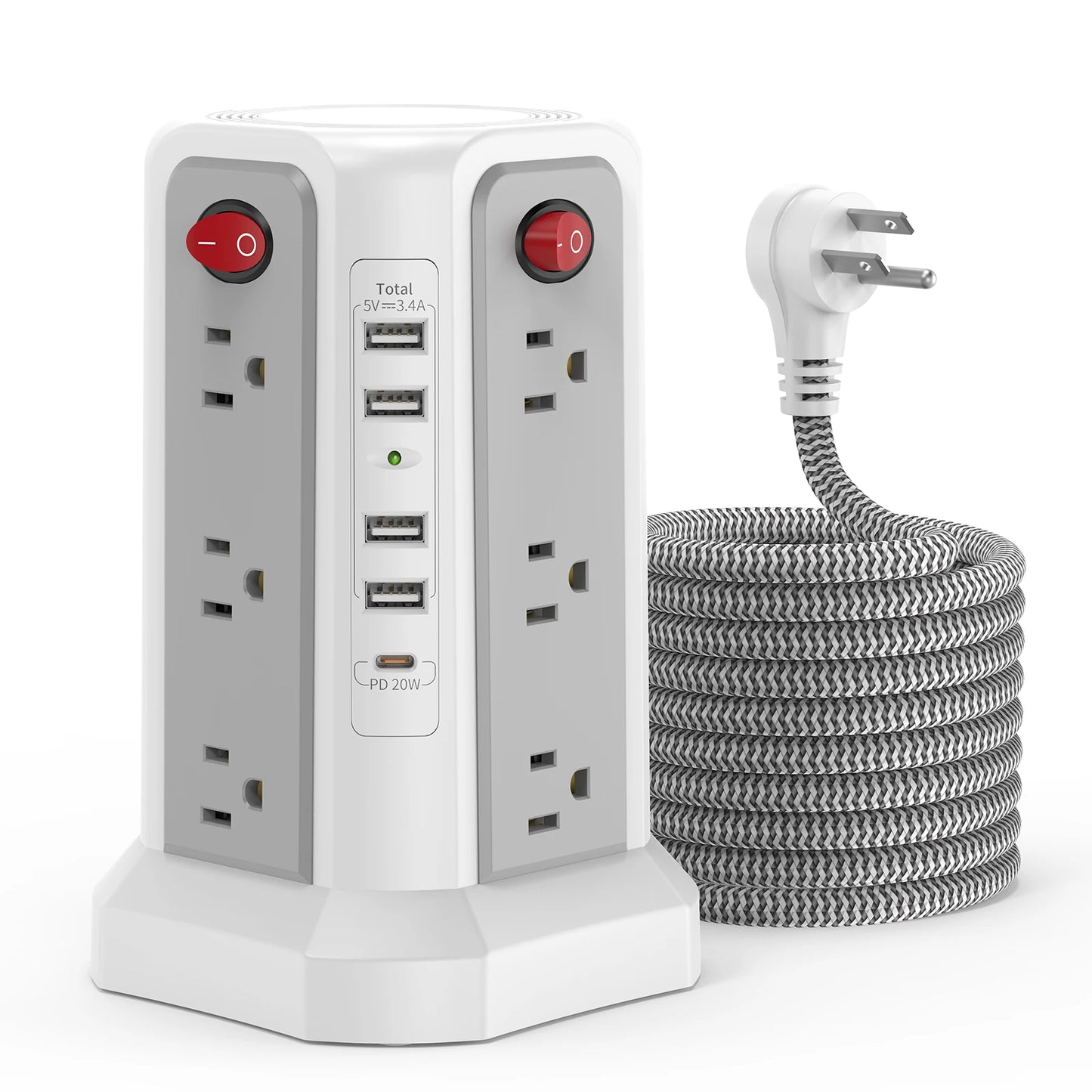 Tower extension cord plug-in board, 1.8m braided with PD20W fast charging port