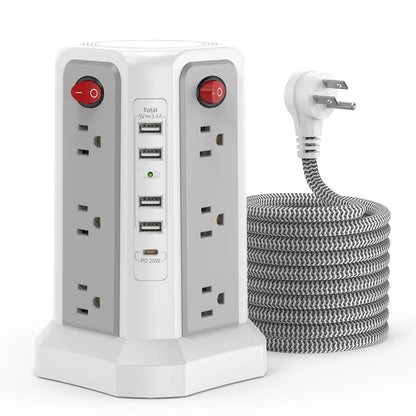 Tower extension cord plug-in board, 1.8m braided with PD20W fast charging port