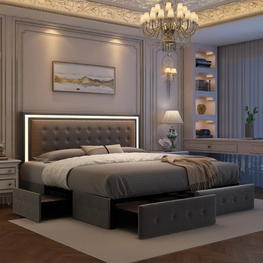 LED Bed Frame with 4 Storage Drawers, RGBW Headboard, PU Upholstered,