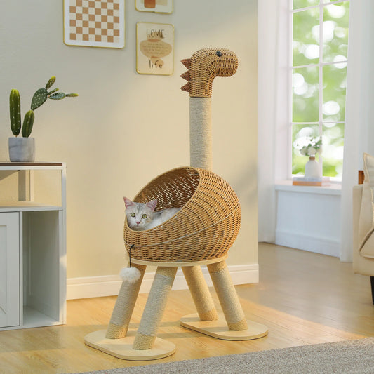 Dinosaur Cat Tree Tower with Sisal Scratching Post Large Rattan Cat Condo