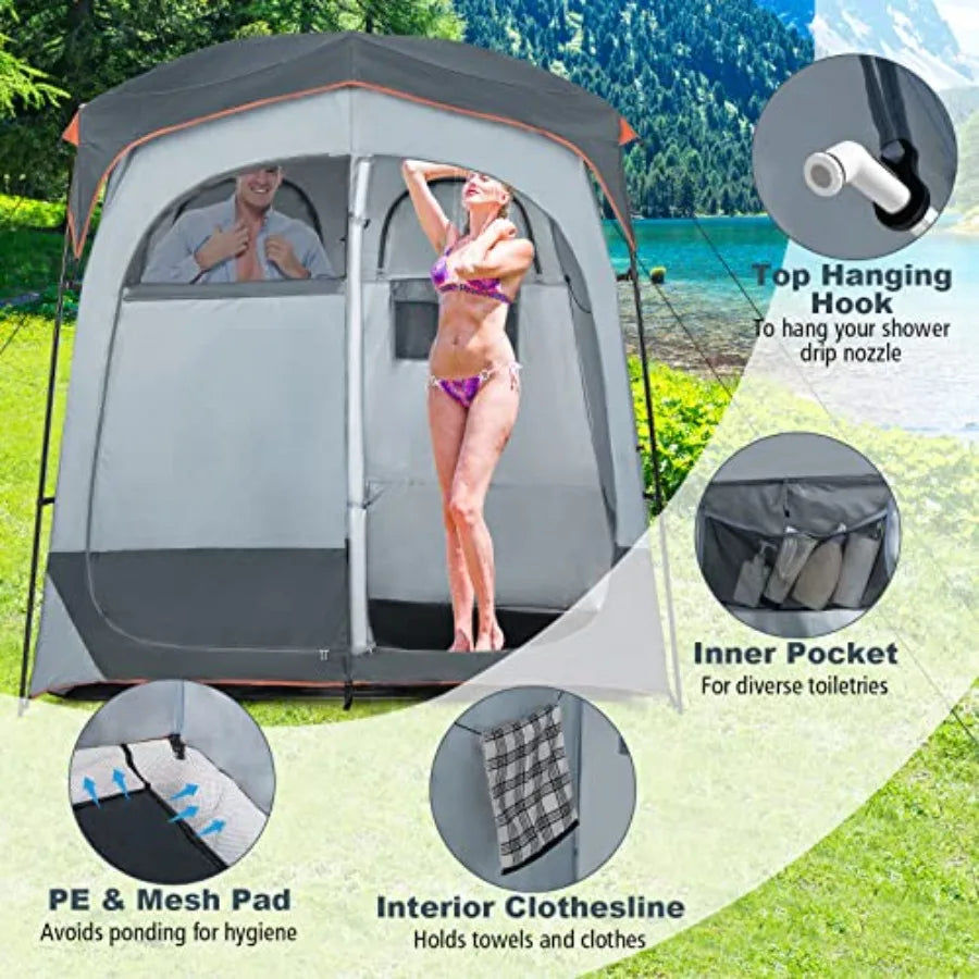 Portable Double Room Privacy Tent with Floor, Removable Rain Fly, Top Hook, Inside Pocket and Carry Bag