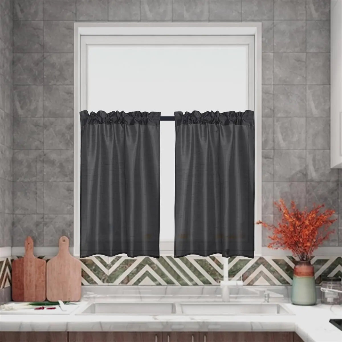 3 Panels Faux Silk Sheer Curtains w/Rod Pockets- Valance and 2 Tiers
