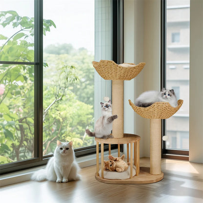 3-Tier Cat Tree Tower- Padded, Plush with Perches, Sisal Rope Scratching Posts and Hanging Toys
