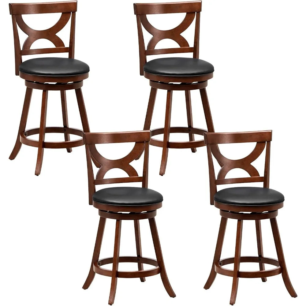Wood Frame Swivel Upholstered Stools, Set of 4, Counter Height with Back & Footrest,