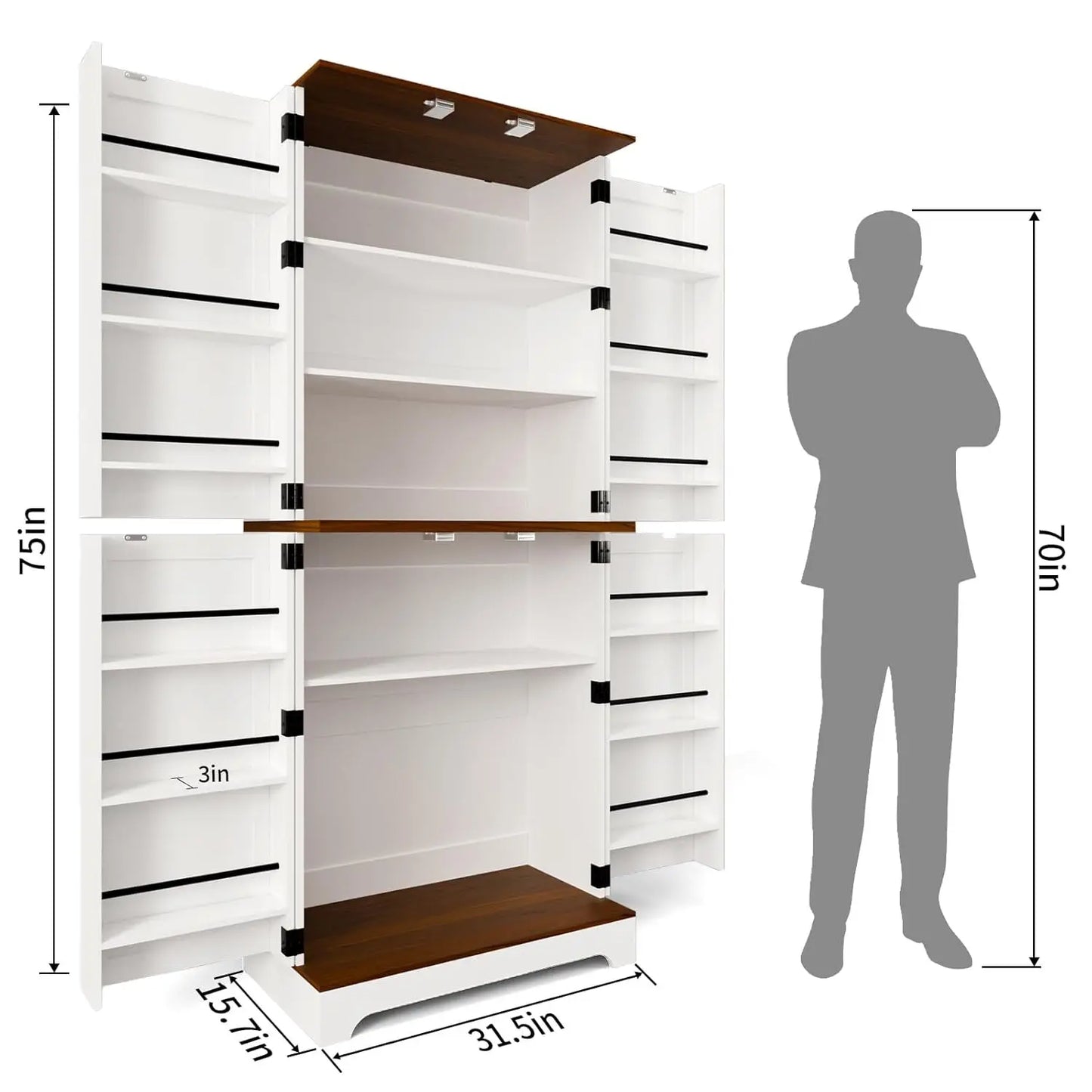 75" Kitchen Pantry Cabinet, Rustic Wood with Adjustable Shelves & Barn Style Door