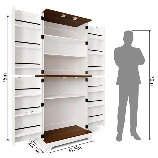 75" Kitchen Pantry Cabinet, Rustic Wood with Adjustable Shelves & Barn Style Door