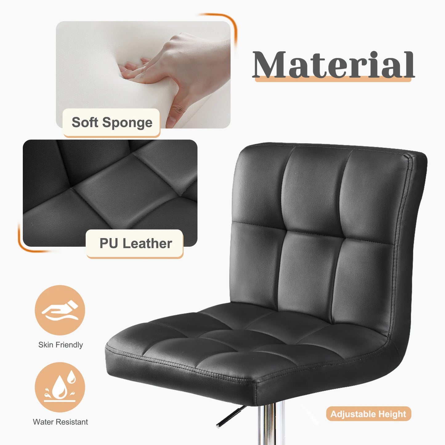 Set of 2, PU Leather Bar Stools Counter Height, Comfortable, Upholstered, and Adjustable