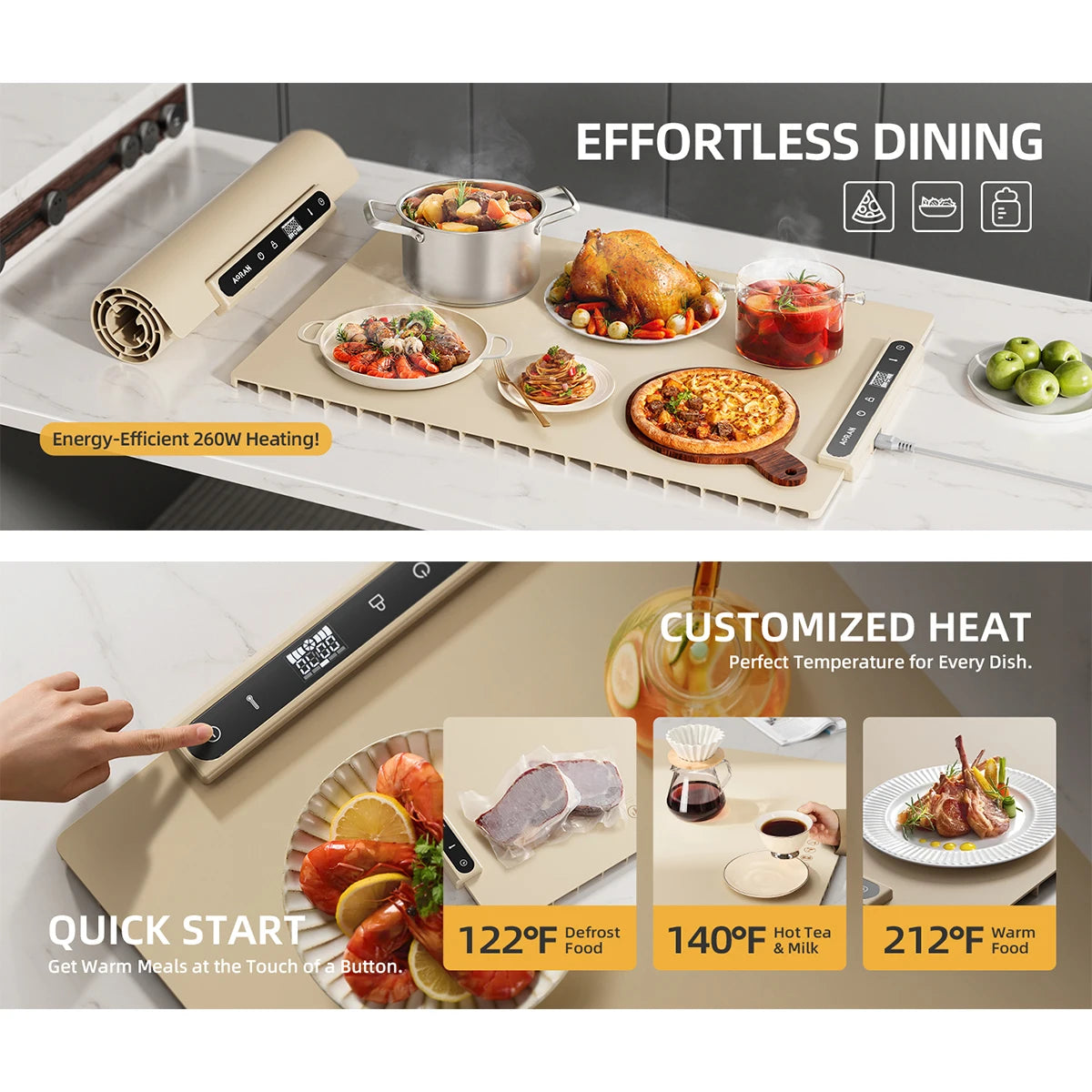 Food Warming Plate, Adjustable Temperature, Silicone Foldable with pouch