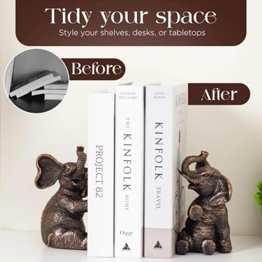 Vintage Elephant Bookends with Non-Slip Padding - Heavy Duty Resin