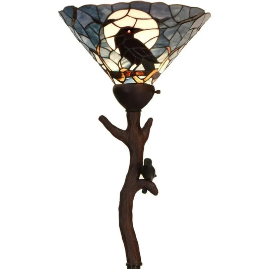 Raven on Bare Tree Branch Full Moon Night Tiffany Stained Glass Torchiere Floor Lamp Halloween Decor Dark Blue