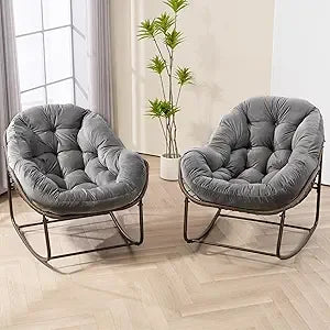 Set of 2 Papasan Rocking Chairs - Oversized, Comfy, Royal Rattan with Strip Velvet Cushions