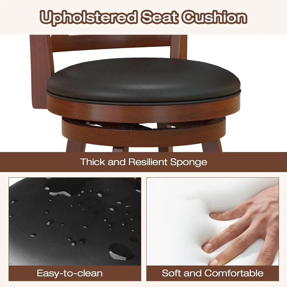 Wood Frame Swivel Upholstered Stools, Set of 4, Counter Height with Back & Footrest,