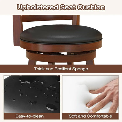 Wood Frame Swivel Upholstered Stools, Set of 4, Counter Height with Back & Footrest,