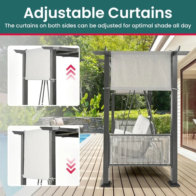 2-in-1 Convertible Porch Swing/Bed with Wicker Armrests and Canopy