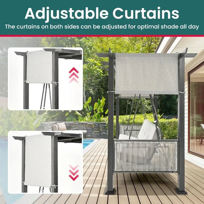 2-in-1 Convertible Porch Swing/Bed with Wicker Armrests and Canopy