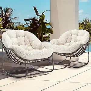 Set of 2 Papasan Rocking Chairs - Oversized, Comfy, Royal Rattan with Strip Velvet Cushions