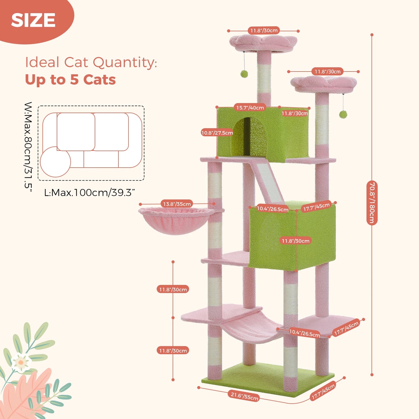 70.8" Multi-Level Cat Tower with 9 Scratching Areas, Plush Hammock and Perches