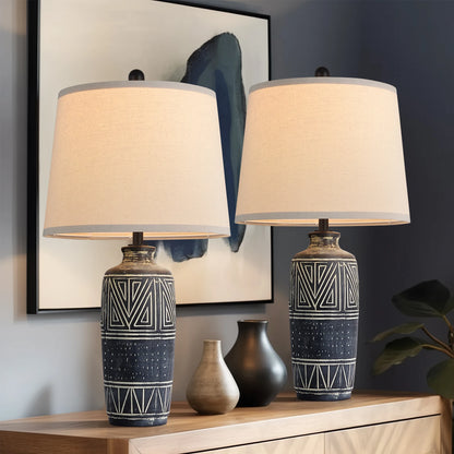 Set of 2 25-Inch Carved Geometric Ceramic Table Lamp With Linen Shade