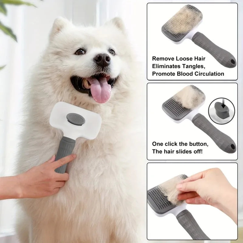 Pet Grooming Brush with One-Click Hair Removal, Bent Needle Massaging Comb
