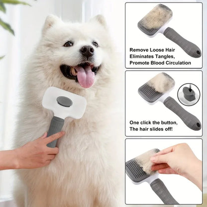 Pet Grooming Brush with One-Click Hair Removal, Bent Needle Massaging Comb