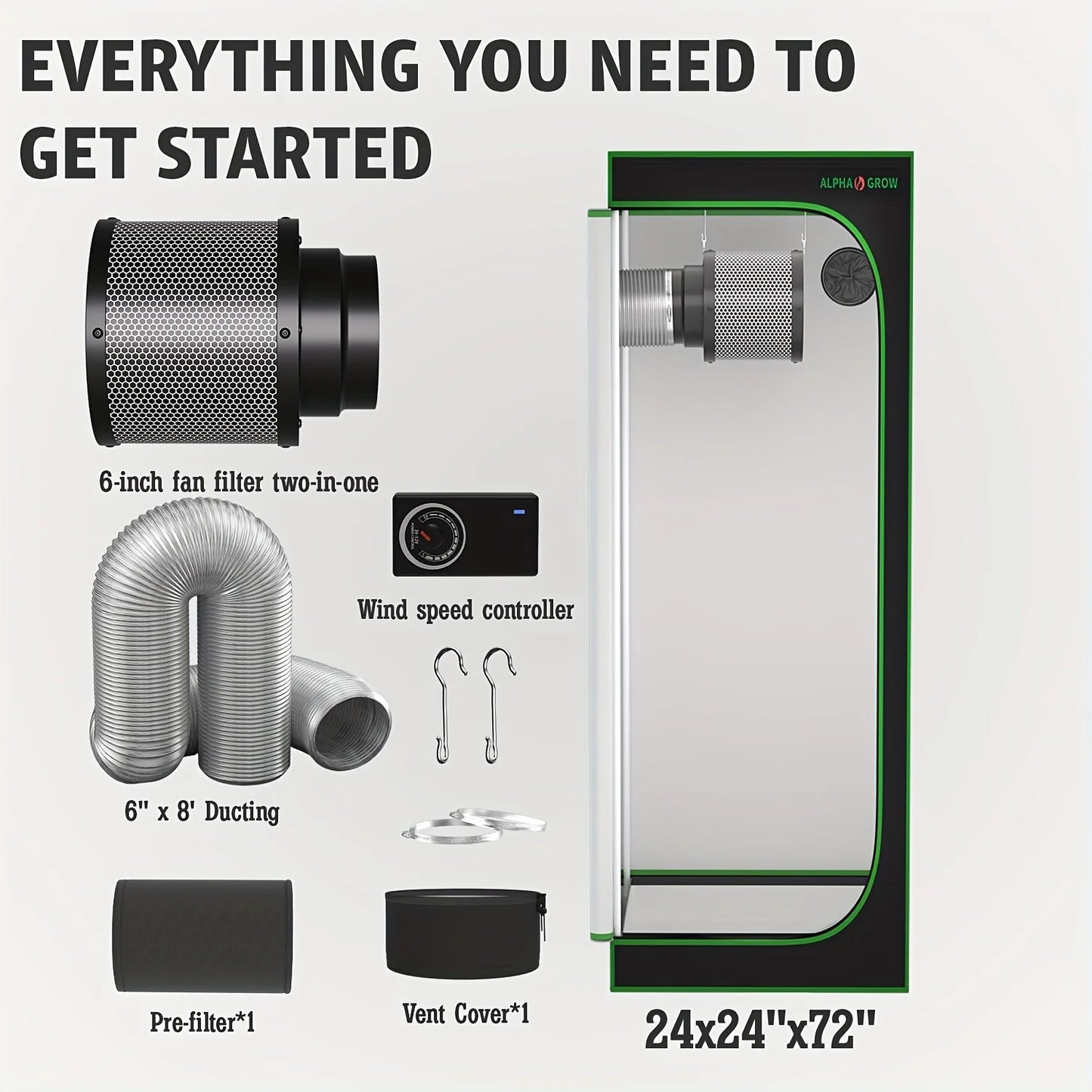 24"x24"x48" Grow Tent Kit With 6 Inch Air Carbon Filter, Australian Virgin Charcoal & Speed Controller