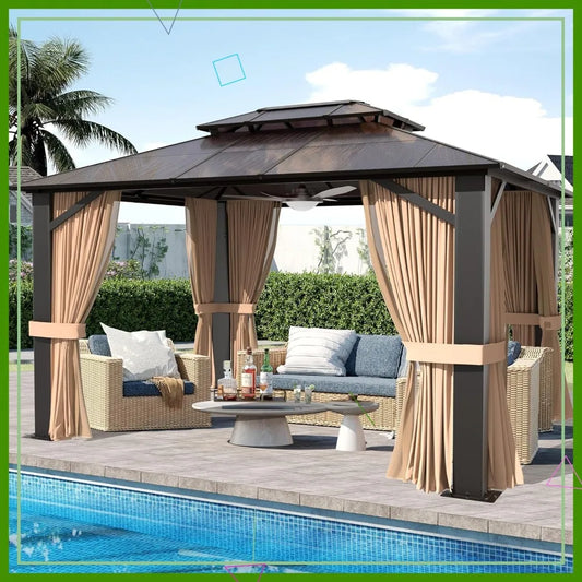 10x12ft Hardtop Gazebo with Double Roof, Curtains & Netting  with All-Weather Aluminum Frame