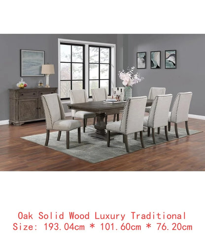 Traditional 9-Piece Dining Set w/ Leaf, 8 Side Chairs, Pedestal Base, Oak Finish