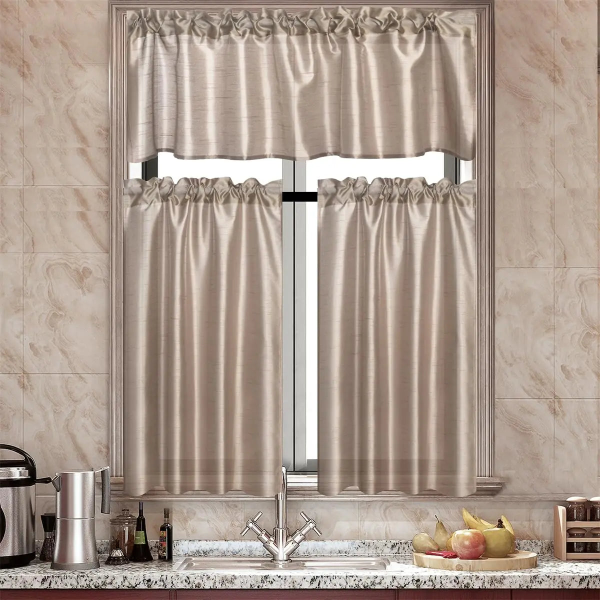 3 Panels Faux Silk Sheer Curtains w/Rod Pockets- Valance and 2 Tiers