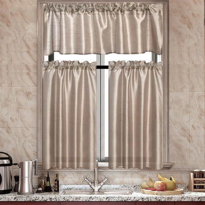 3 Panels Faux Silk Sheer Curtains w/Rod Pockets- Valance and 2 Tiers
