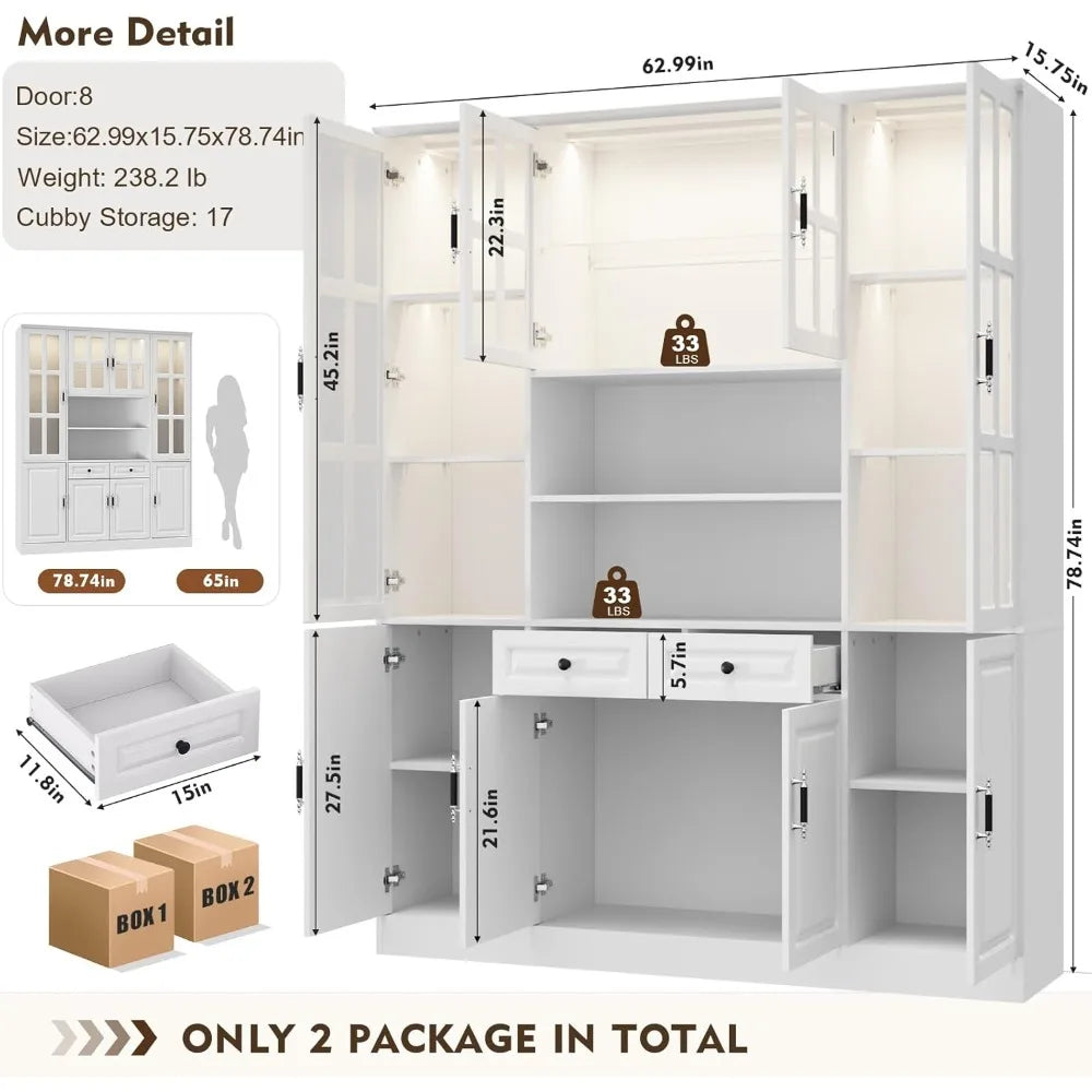 Freestanding Cabinet with Glass Doors, 78.7" H-63"W w/LED Lights, and Drawers