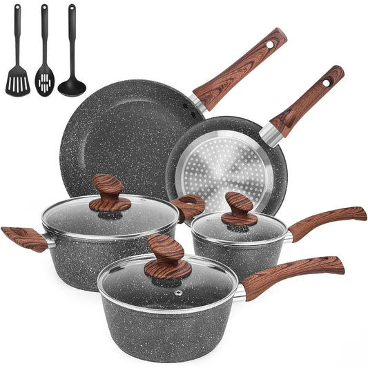 Granite Pots and Pans on Stick, 11 Piece Set, Die Cast Induction Cookware Set