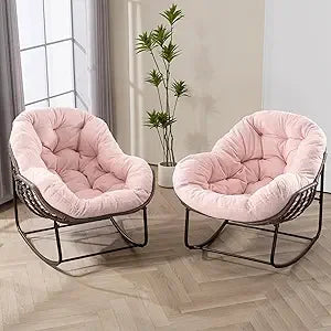 Set of 2 Papasan Rocking Chairs - Oversized, Comfy, Royal Rattan with Strip Velvet Cushions