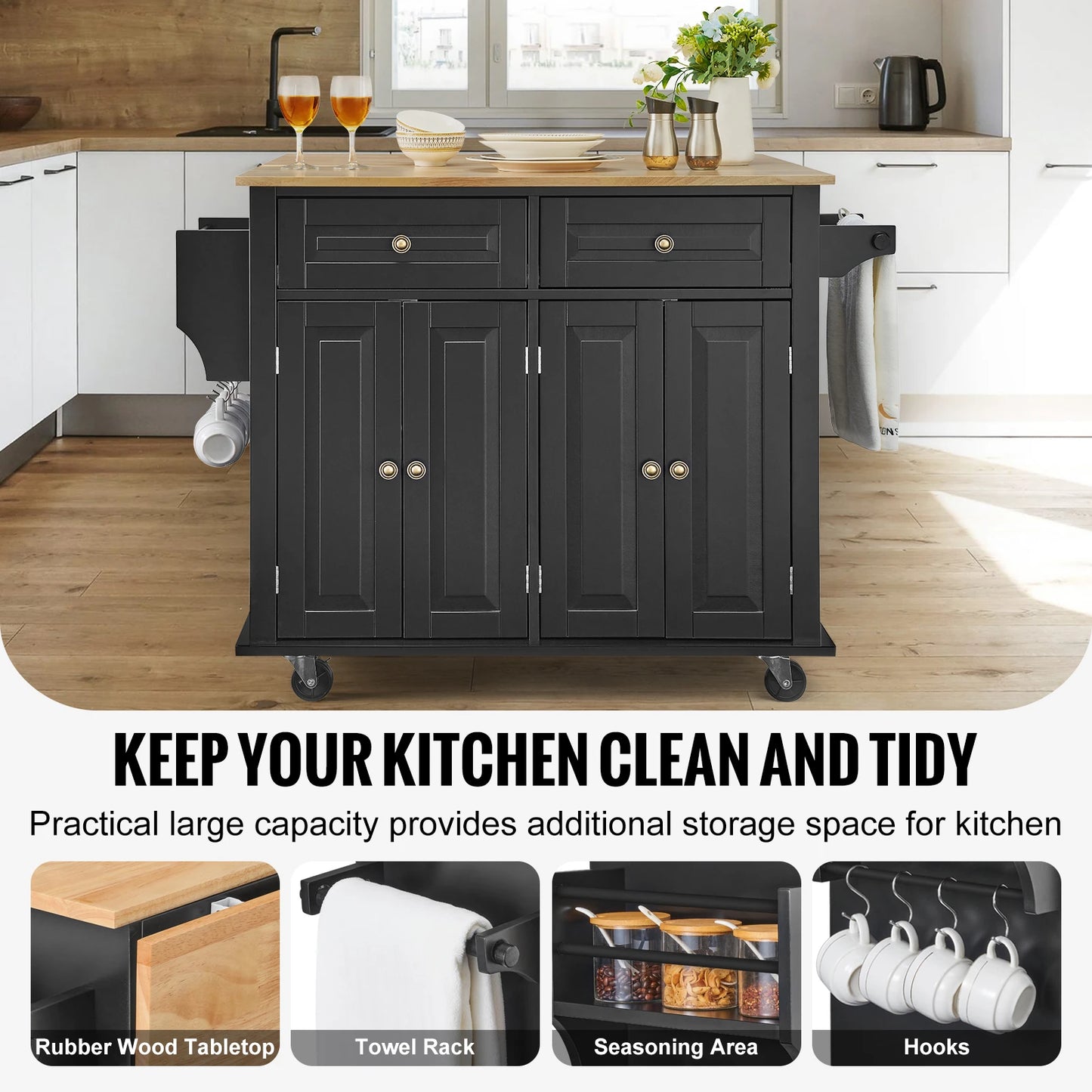 43" Kitchen Rolling Island Cart w/Wood Top, Storage Cabinet, Drop Leaf Spice Rack Towel Bar