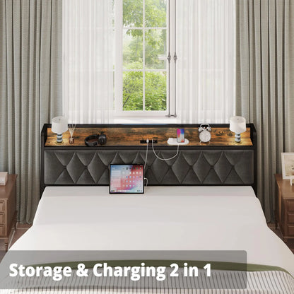 Bed Frames, Storage Headboard with Outlets, No Box Springs Needed