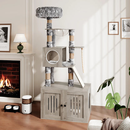 66.9" Cat Tree Tower W/ Litter Box Enclosure, Storage Cabinet, Sisal Scratching Post and Multi-Levels