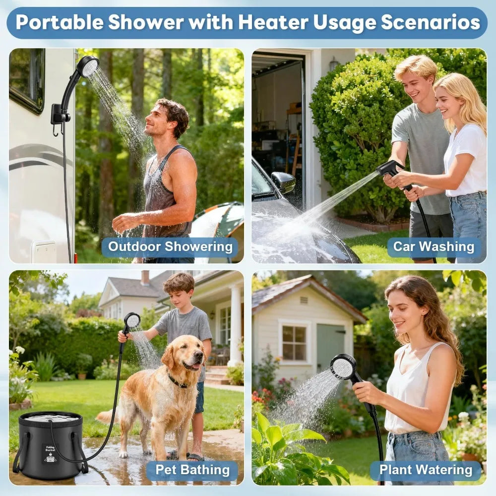 Portable Shower with Heater 1500W with Shower Head, 3 Spray Modes, Rechargeable Pump