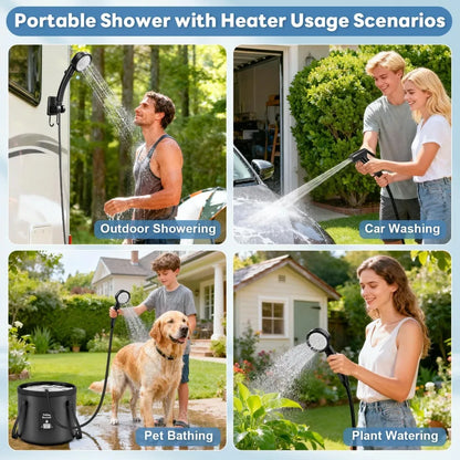 Portable Shower with Heater 1500W with Shower Head, 3 Spray Modes, Rechargeable Pump