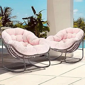 Set of 2 Papasan Rocking Chairs - Oversized, Comfy, Royal Rattan with Strip Velvet Cushions