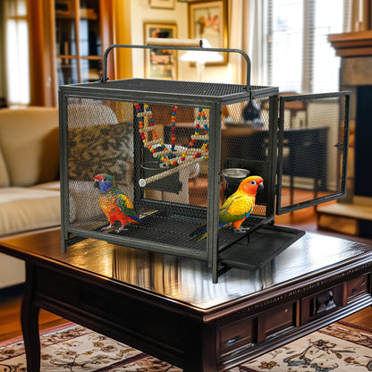 Wrought Iron Bird Play Area/ Carrier Cage with Handle, Wooden Perch & Bird Toys