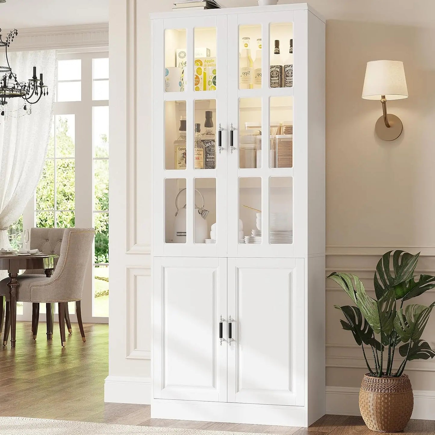 Freestanding Cabinet with Glass Doors, 78.7" H-63"W w/LED Lights, and Drawers