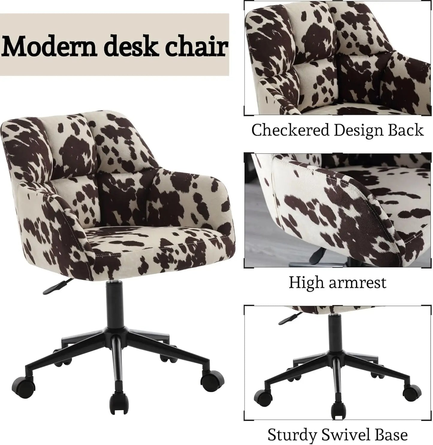 Cow Print Chair ,360°Swivel with Mid Back Support,  Armrest, Adjustable-Height and Upholstered