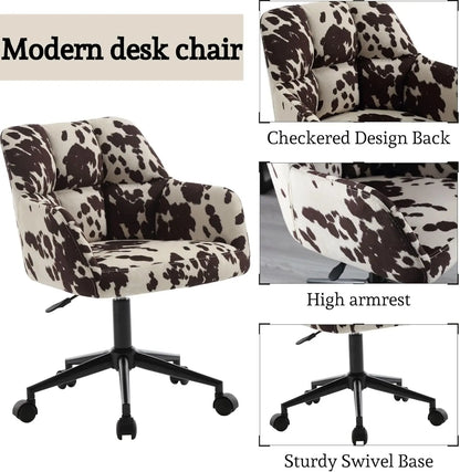 Cow Print Chair ,360°Swivel with Mid Back Support,  Armrest, Adjustable-Height and Upholstered