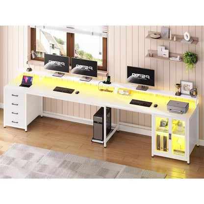 L Shaped Desk with 4 Drawers with Display Cabinet 2ith LED Lights