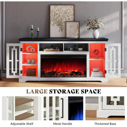 "70 Inch Electric Fireplace TV Stand with Cabinets and LED Lighting