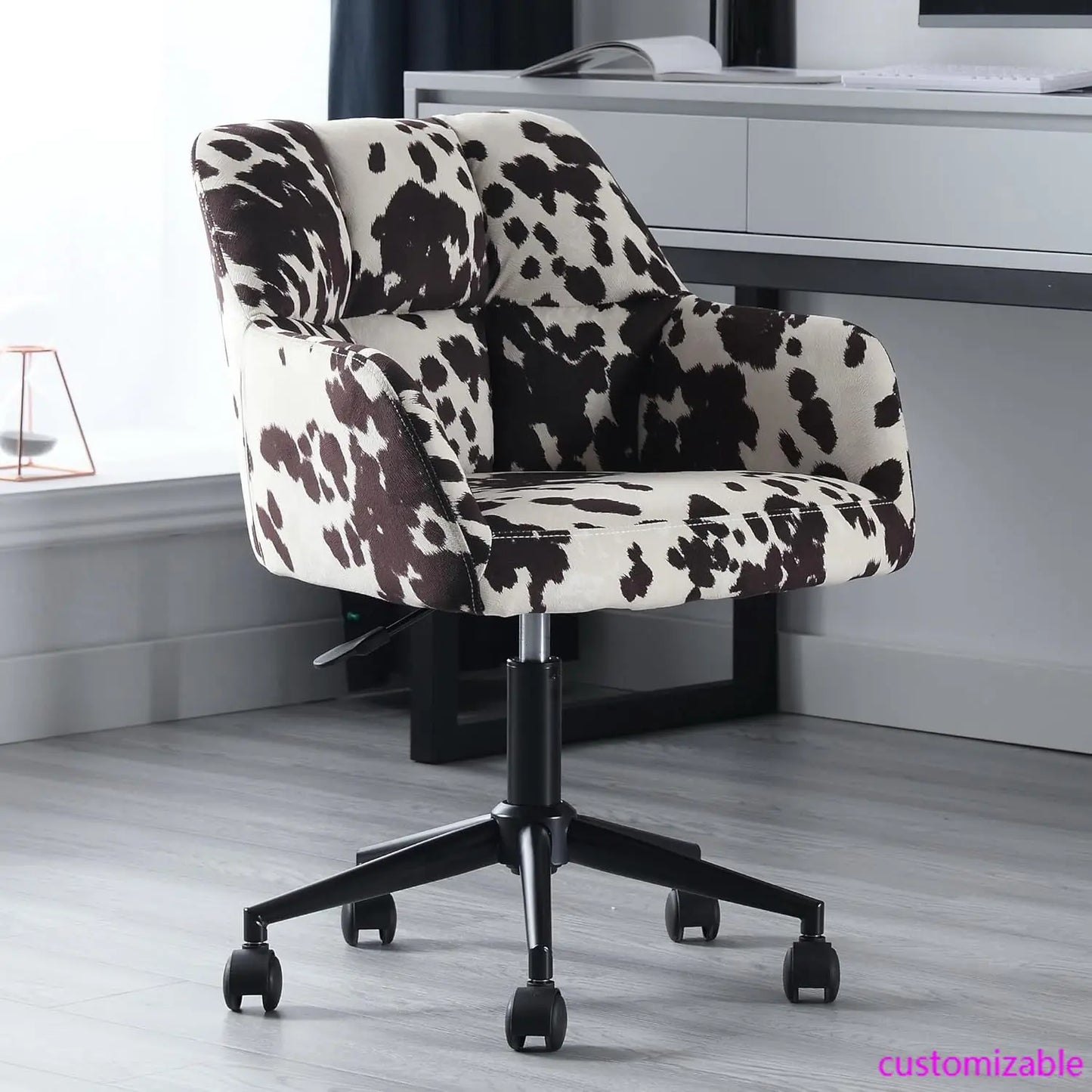 Cow Print Chair ,360°Swivel with Mid Back Support,  Armrest, Adjustable-Height and Upholstered