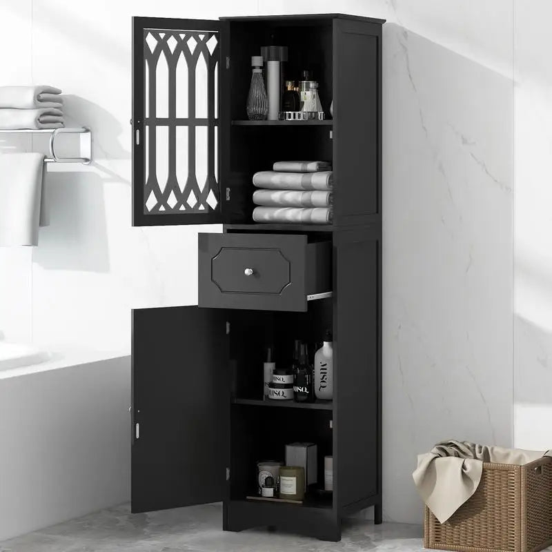 Freestanding Tall Storage Cabinet with Drawer, MDF, Acrylic Door, Adjustable Shelf